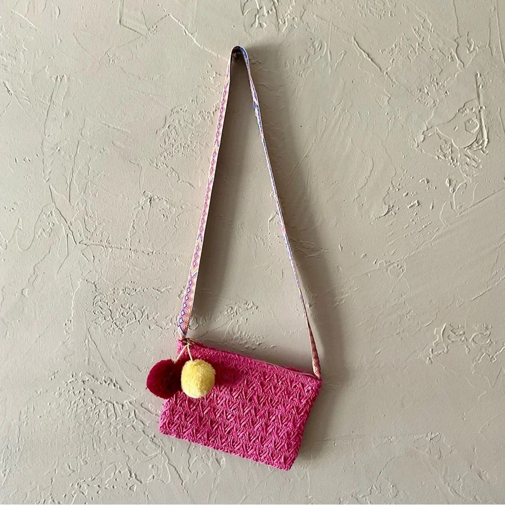 Old Navy Pink Woven Kids Crossbody Bag with Pom Poms